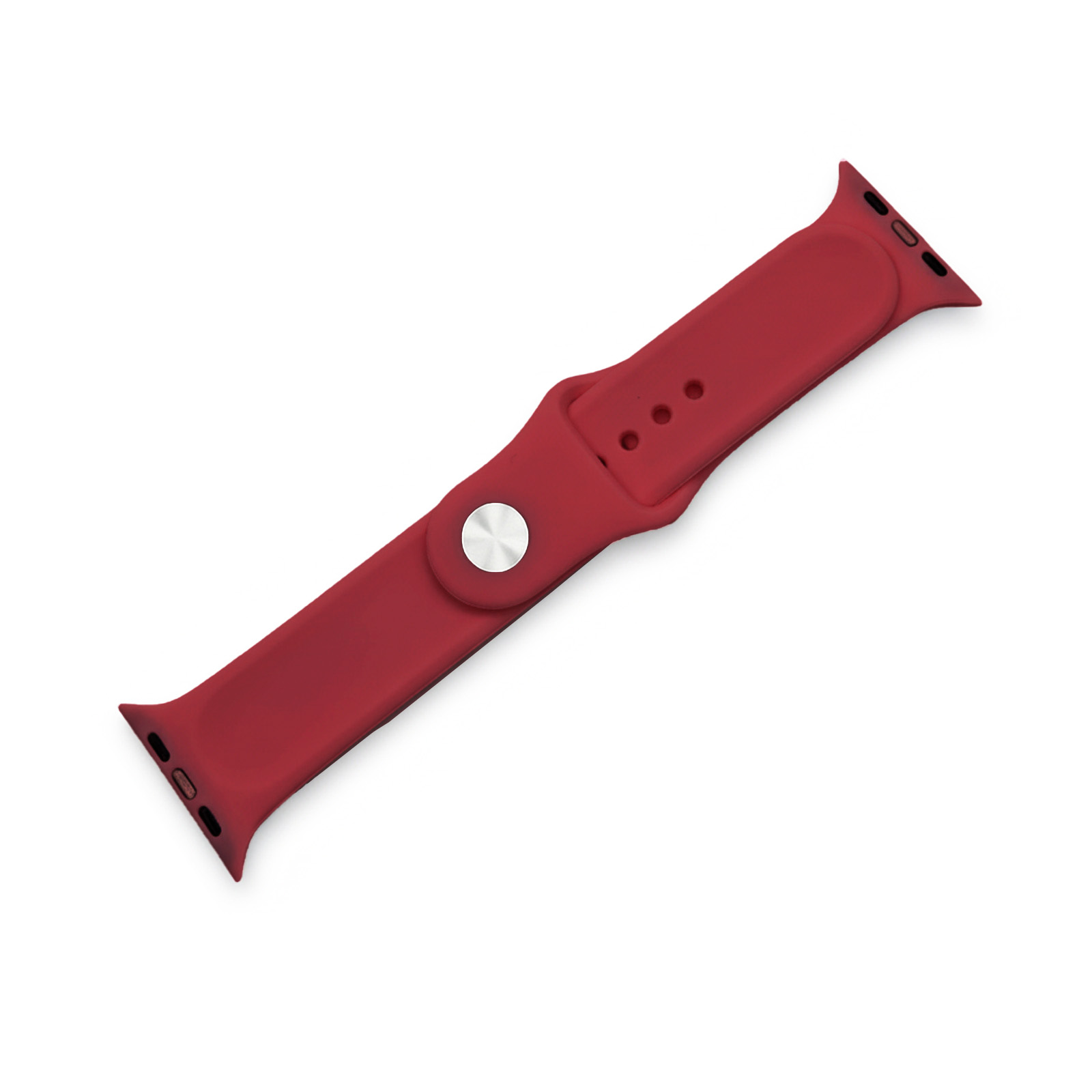 Ein rotes Armband für eine Smartwatch mit silbernem Knopf.