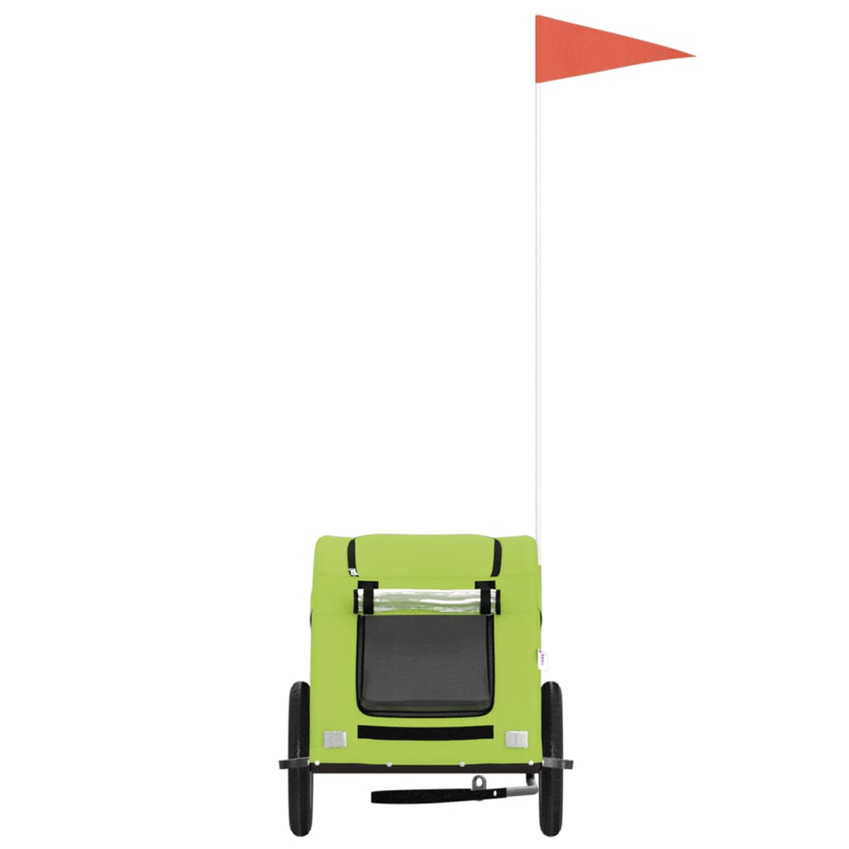 Ein leuchtend grüne Fahrradanhänger mit einem orangefarbenen Wimpel auf einer Stange.