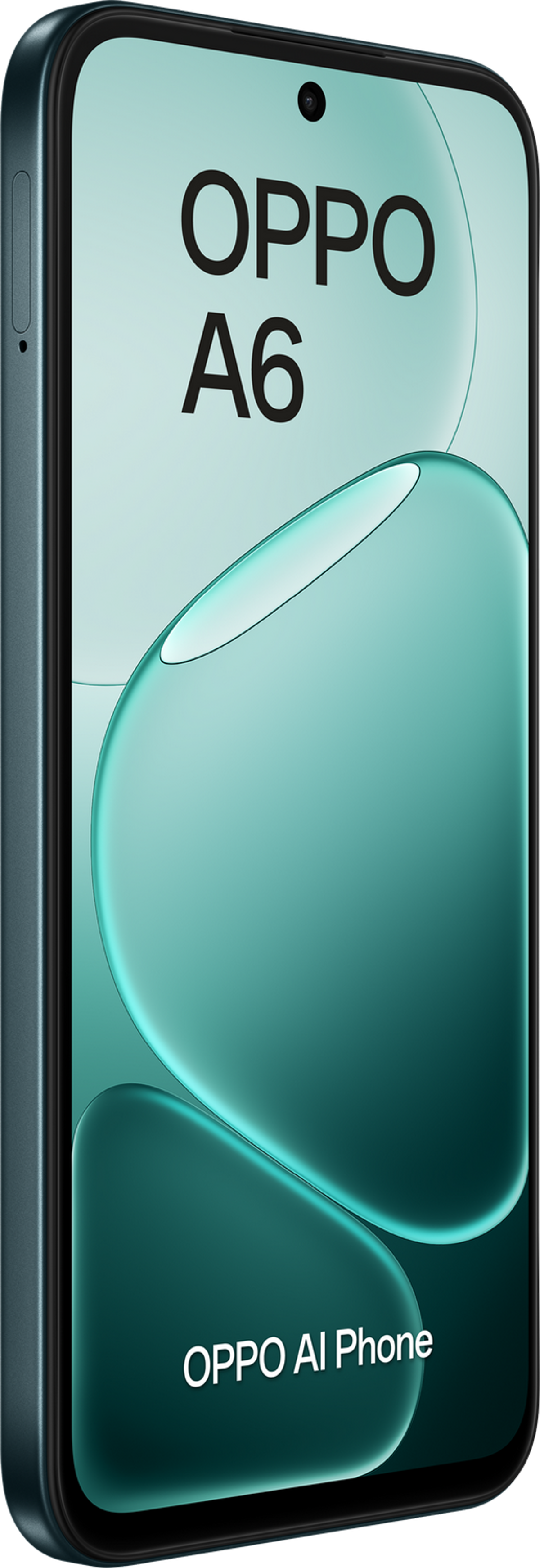 Uno smartphone OPPO A6 su sfondo sfumato verde acqua.