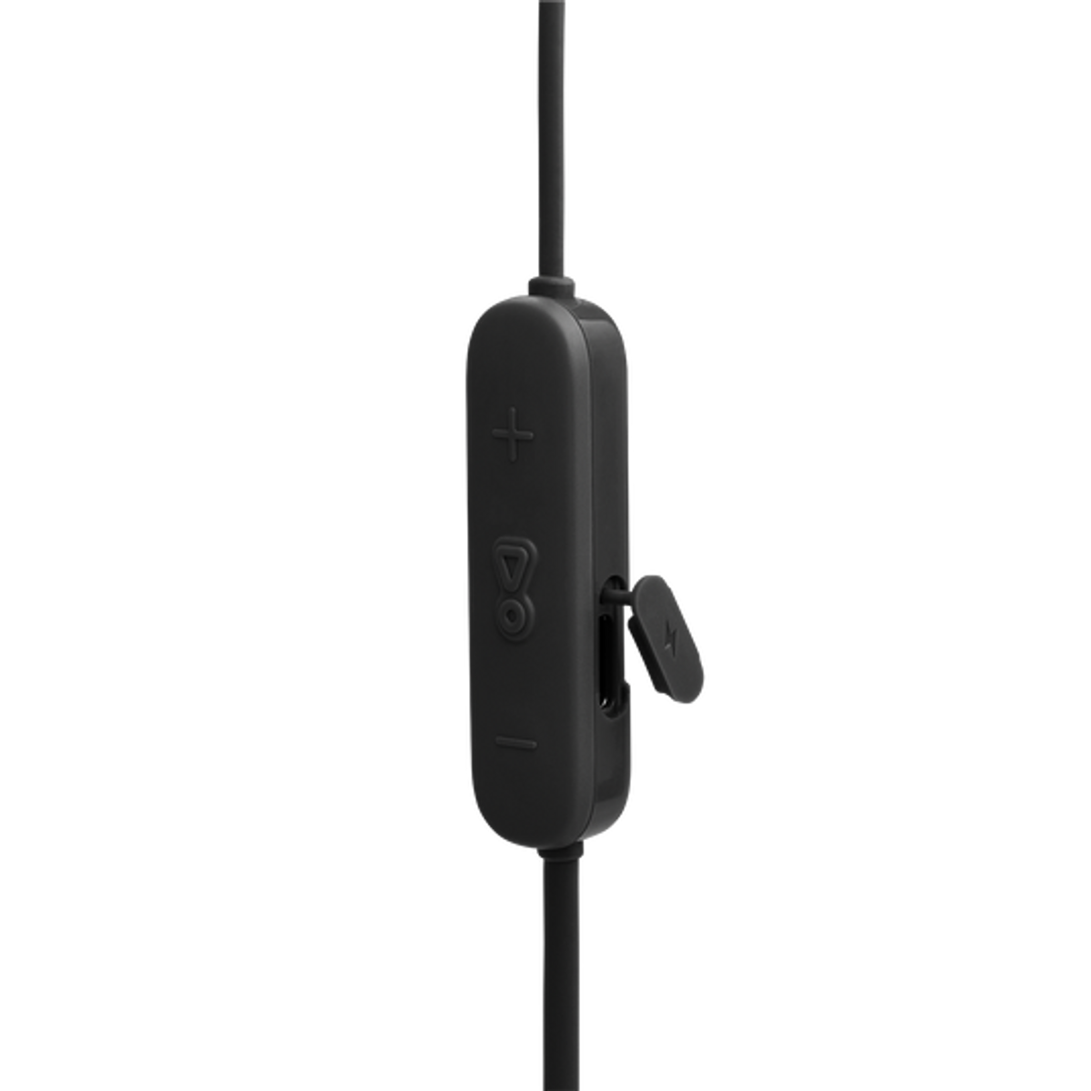 Controlador de auriculares negro con botones de volumen y reproducción.