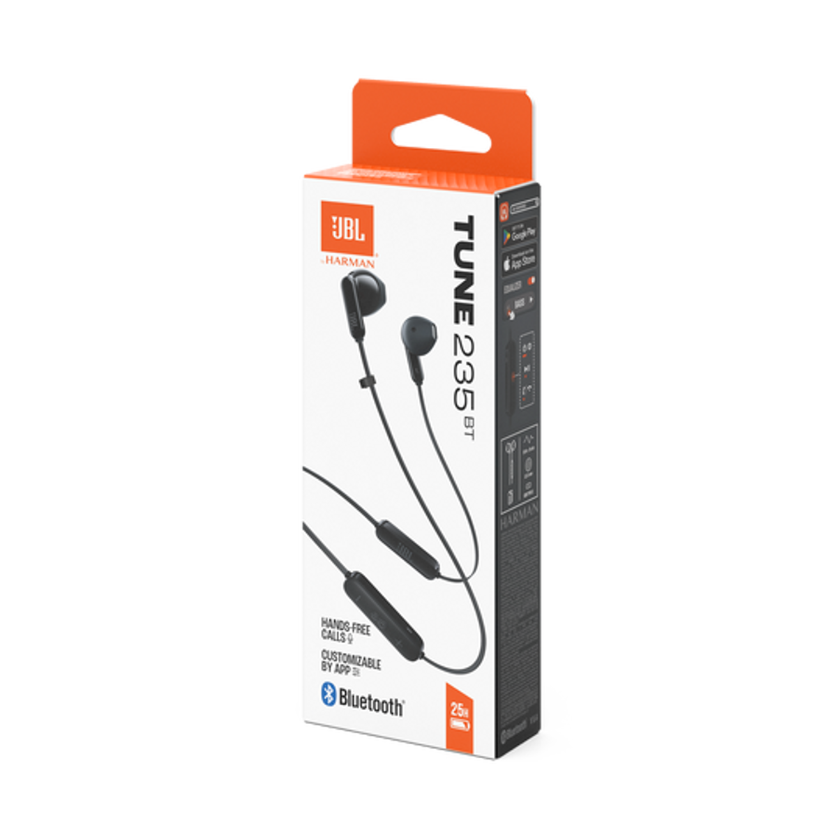Embalaje de auriculares JBL Tune 235BT con audífonos y cable negros.