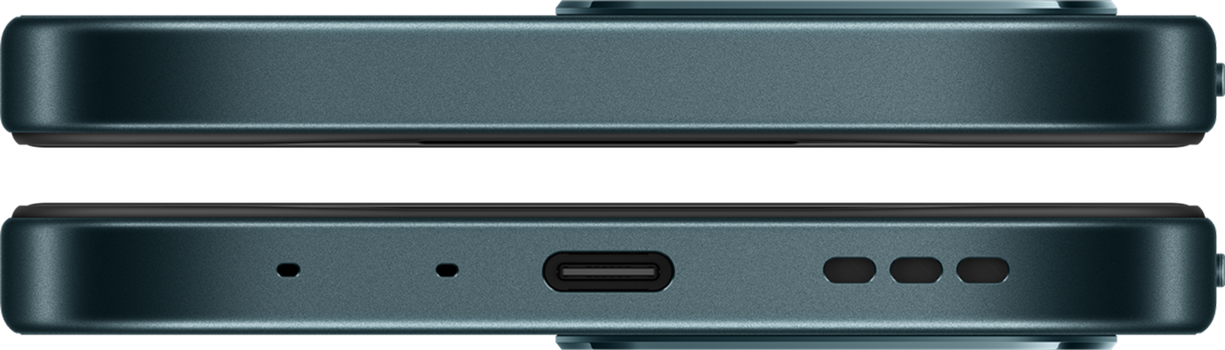 Primo piano del fondo di uno smartphone turchese con porta USB-C.