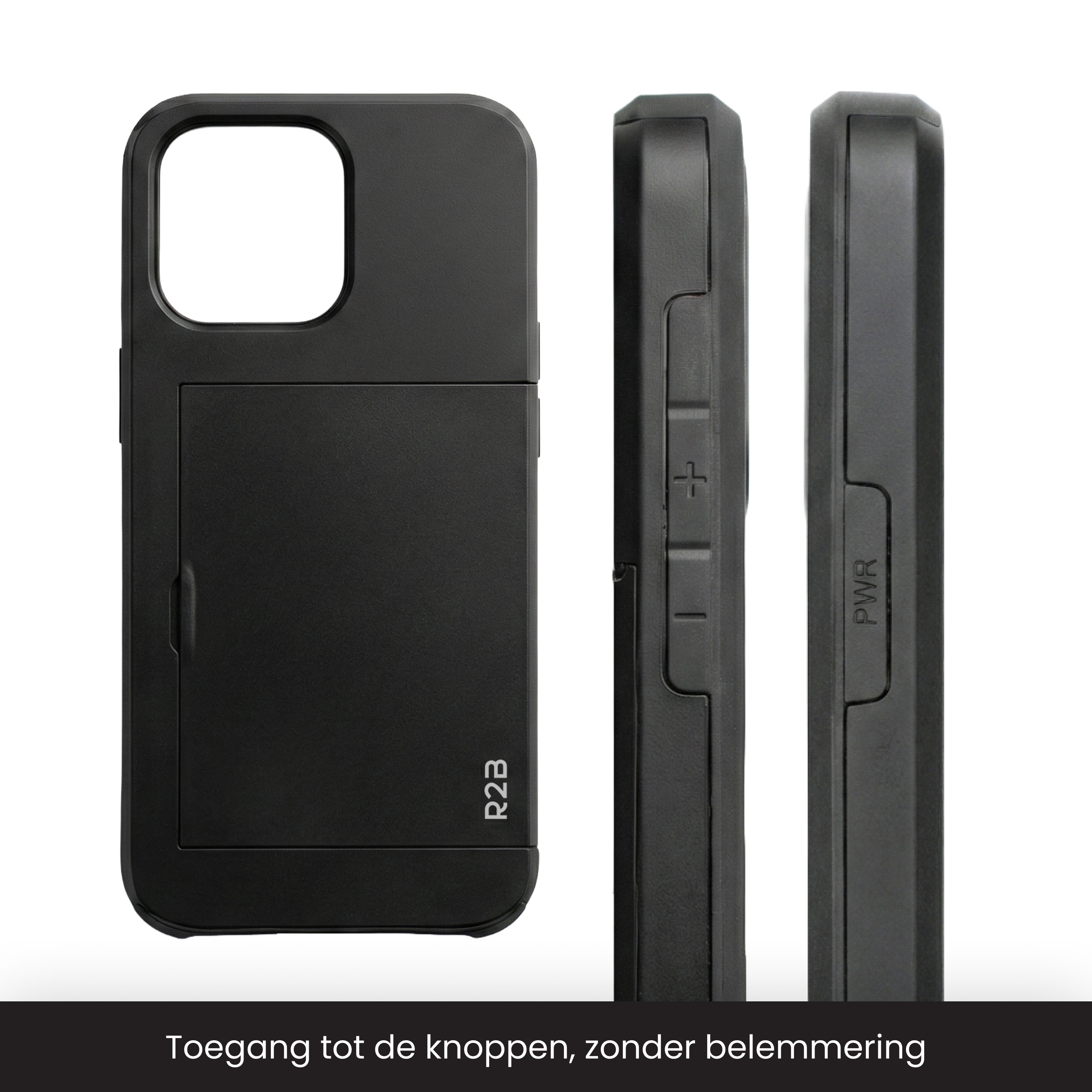 Zwarte telefoonhoes met camera-uitsparing en knoppen, drievoudig zicht.