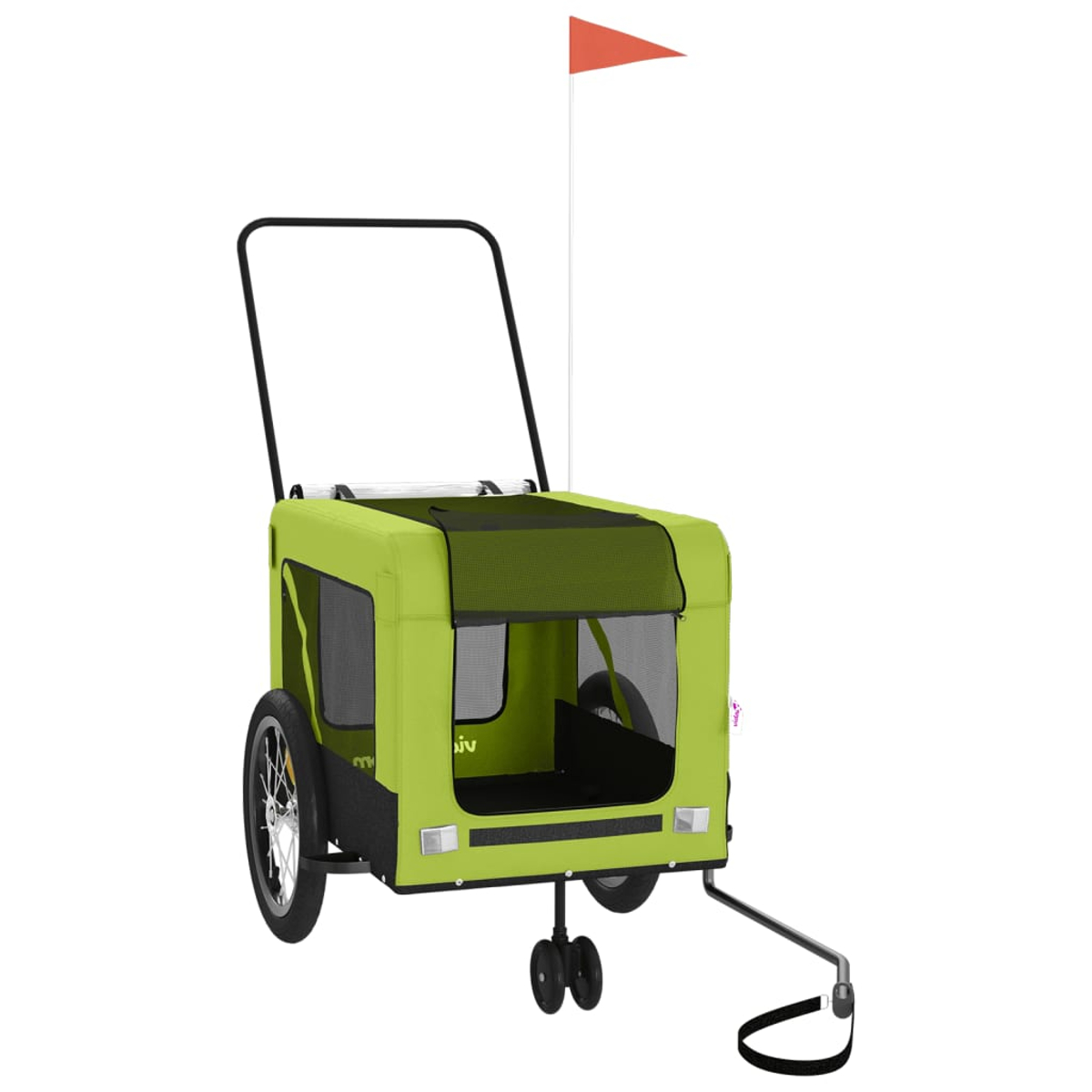 Ein grüner Kinderwagen mit zwei Rädern, einem Griff und einer roten Fahne.
