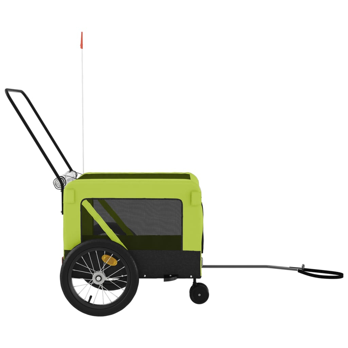 Ein leuchtend gr&uuml;ner Fahrradanh&auml;nger f&uuml;r Haustiere mit schwarzen R&auml;dern, Griffen und Netzfenstern.