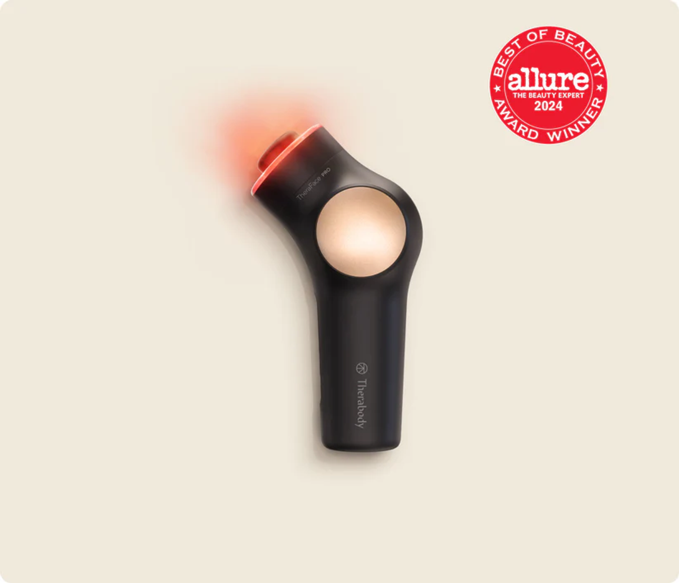 Un dispositivo de cuidado de la piel negro con luz roja y sello Allure Award.