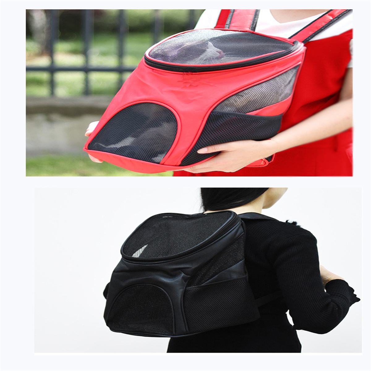 Rote und schwarze Tier-Rucksäcke mit Netzfenstern, einer mit Katze.