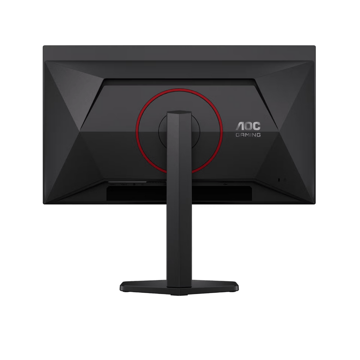 Parte trasera de un monitor AOC Gaming negro con acento circular rojo.
