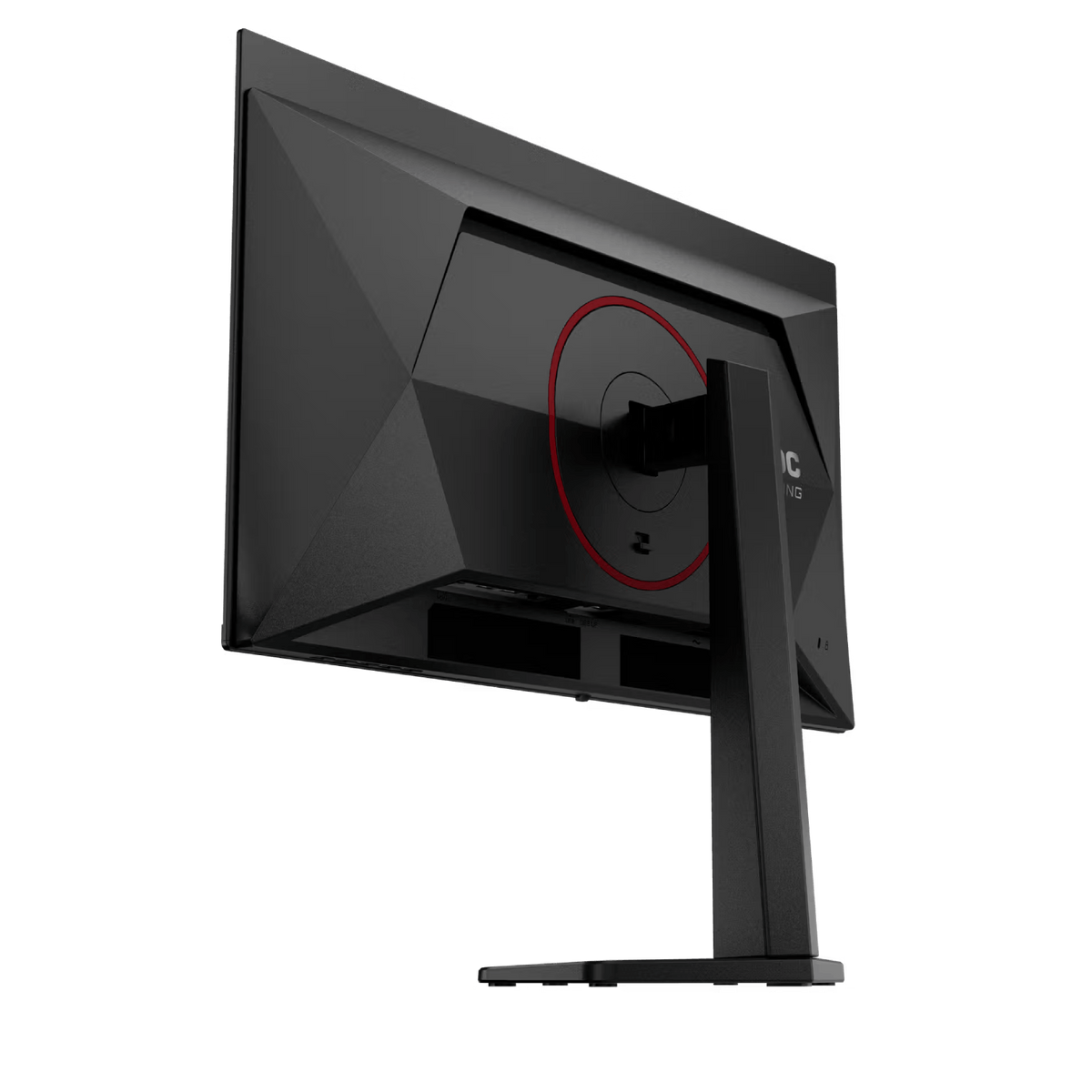 Vista trasera de un monitor gaming negro con círculo rojo y soporte.