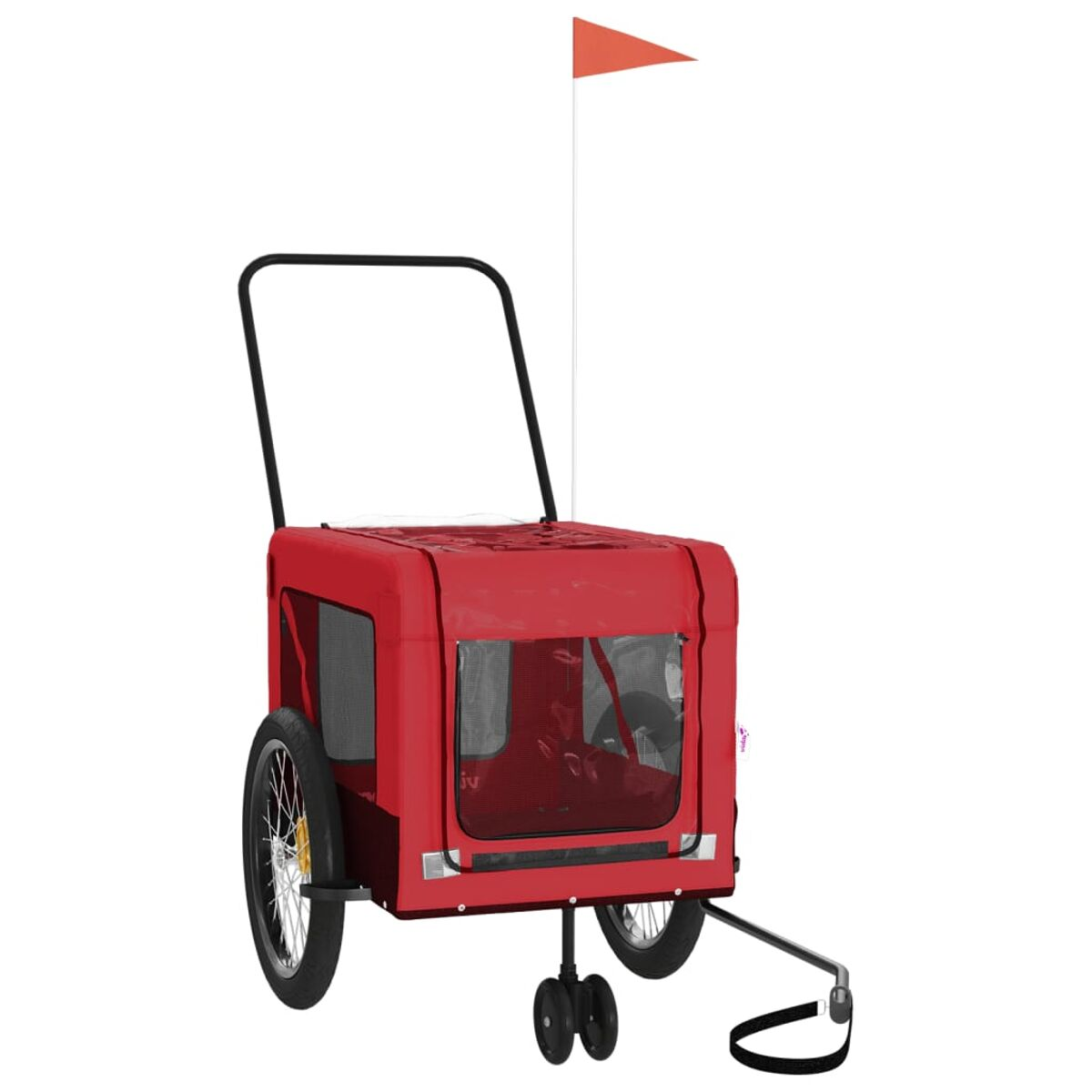 Ein roter Hundefahrradanhänger mit zwei großen Rädern und einer orangefarbenen Flagge.