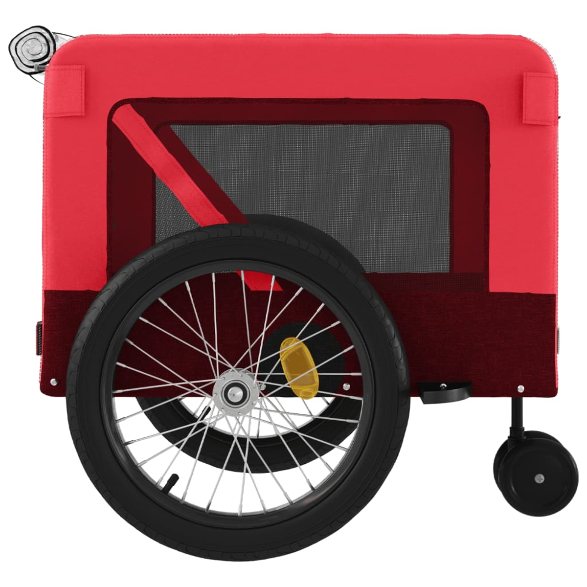 Roter Fahrradanhänger mit großem Rad, Fenster und kleinem Stützrad.