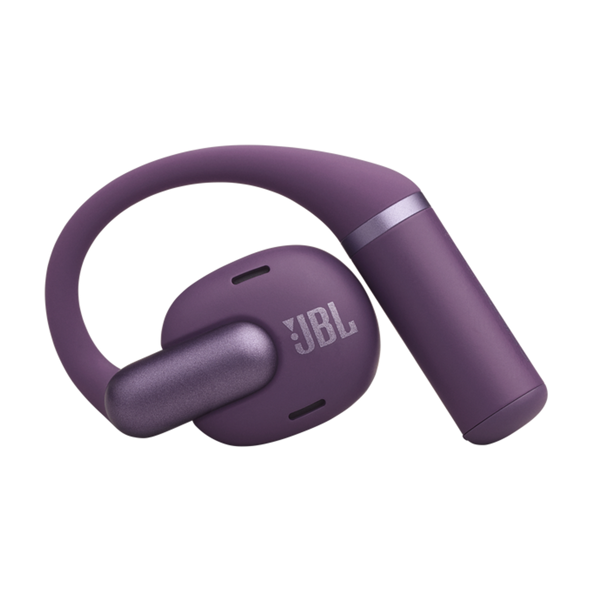 Auricolare JBL viola con gancio per l'orecchio e fascia argentata.