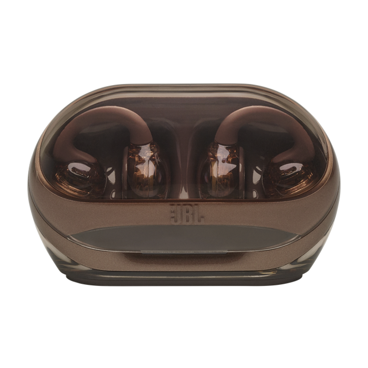 Brązowe słuchawki bezprzewodowe w przezroczystym etui ładującym z logo JBL.