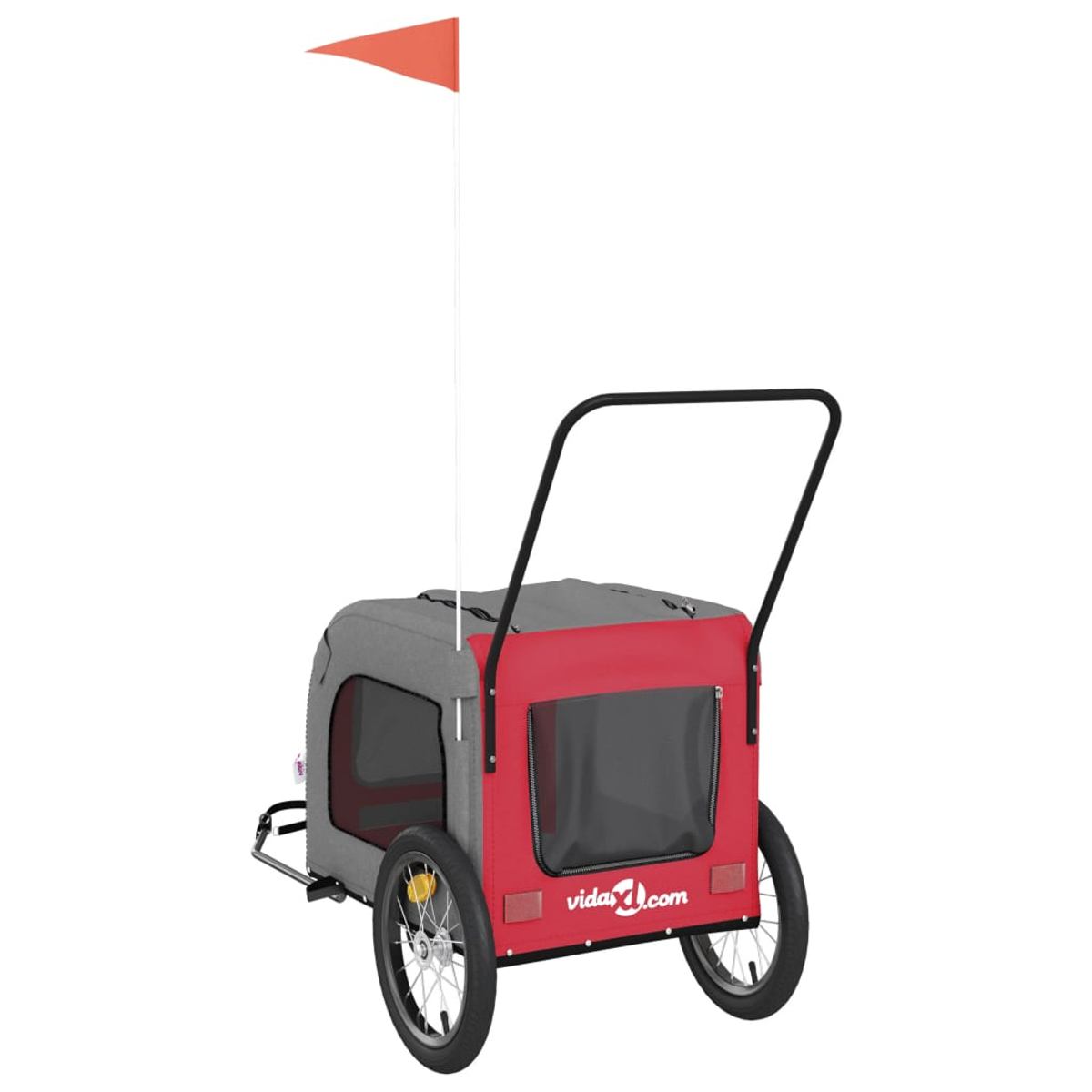 Ein roter und grauer Fahrradanhänger für Haustiere mit orangefarbener Fahne.