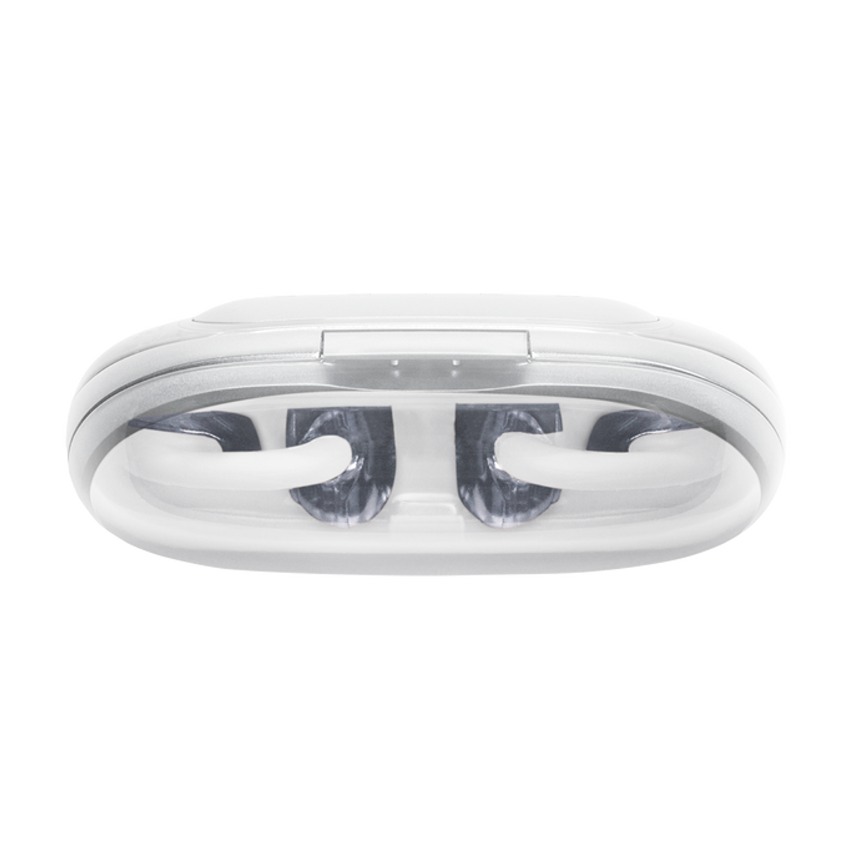 Białe, owalne urządzenie z dwoma przezroczystymi, dymnymi wkładami.