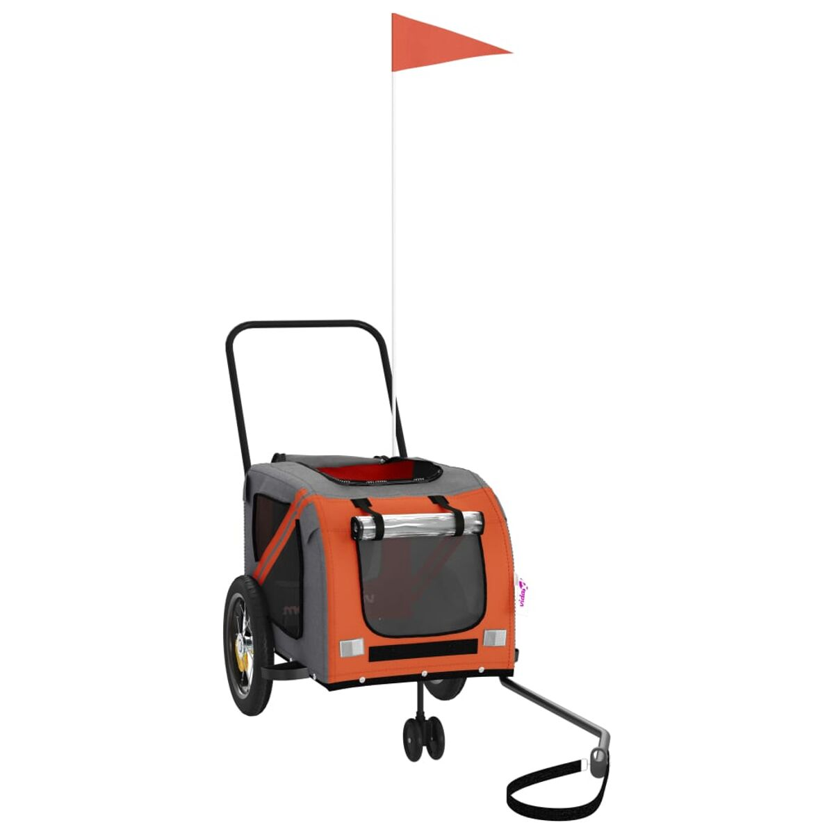 Ein orange-grauer Hundeanhänger mit einem roten Wimpel auf einem weißen Stab.