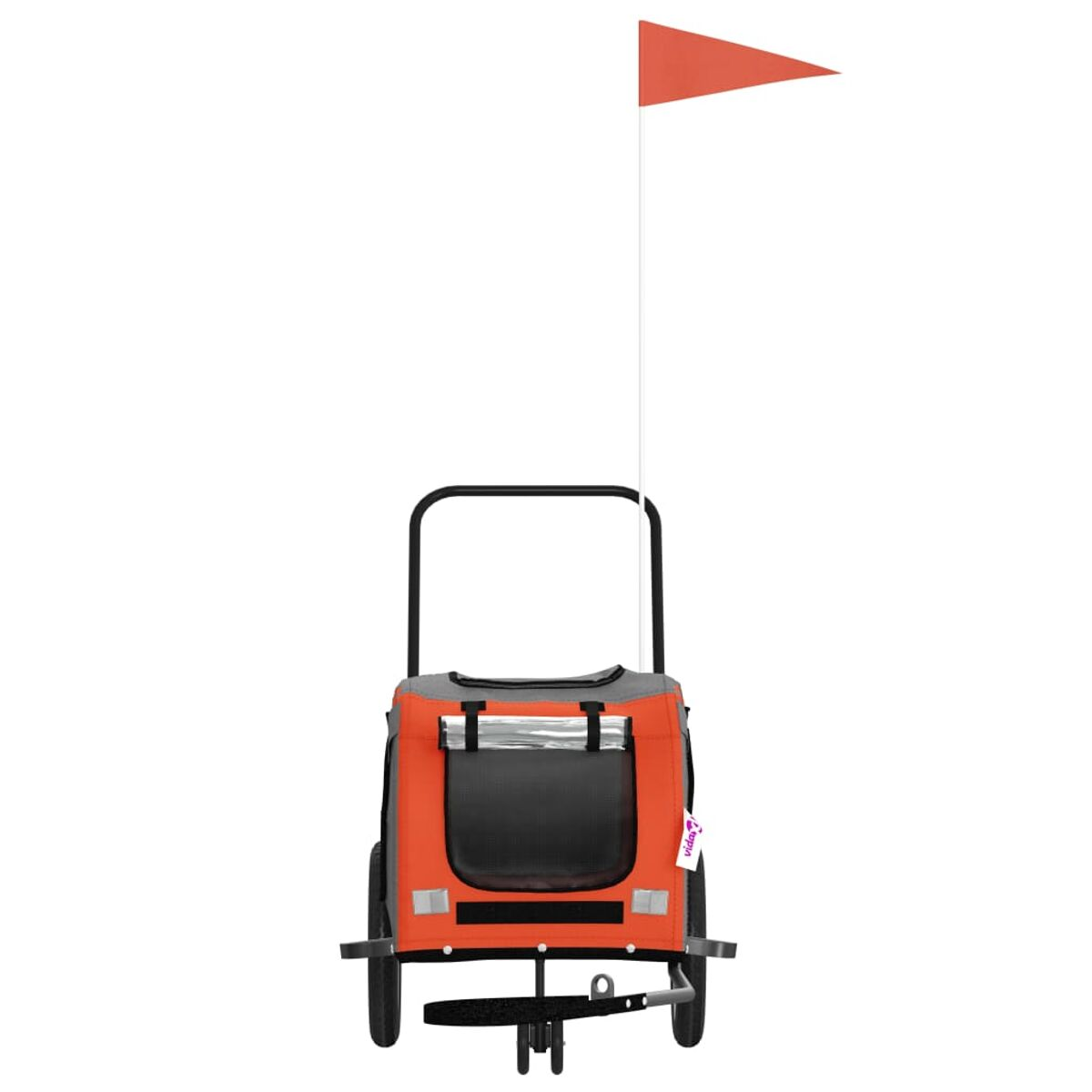 Ein orangefarbener Anhänger mit schwarzem Griff und roter Fahne. Weiße Rückseite.