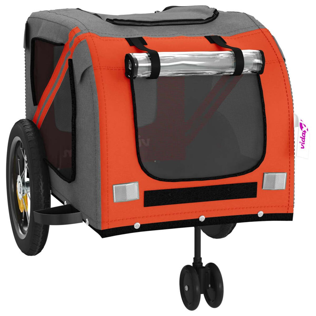 Ein orange-grauer Fahrradanhänger für Haustiere mit schwarzen Rädern und Reflektoren.