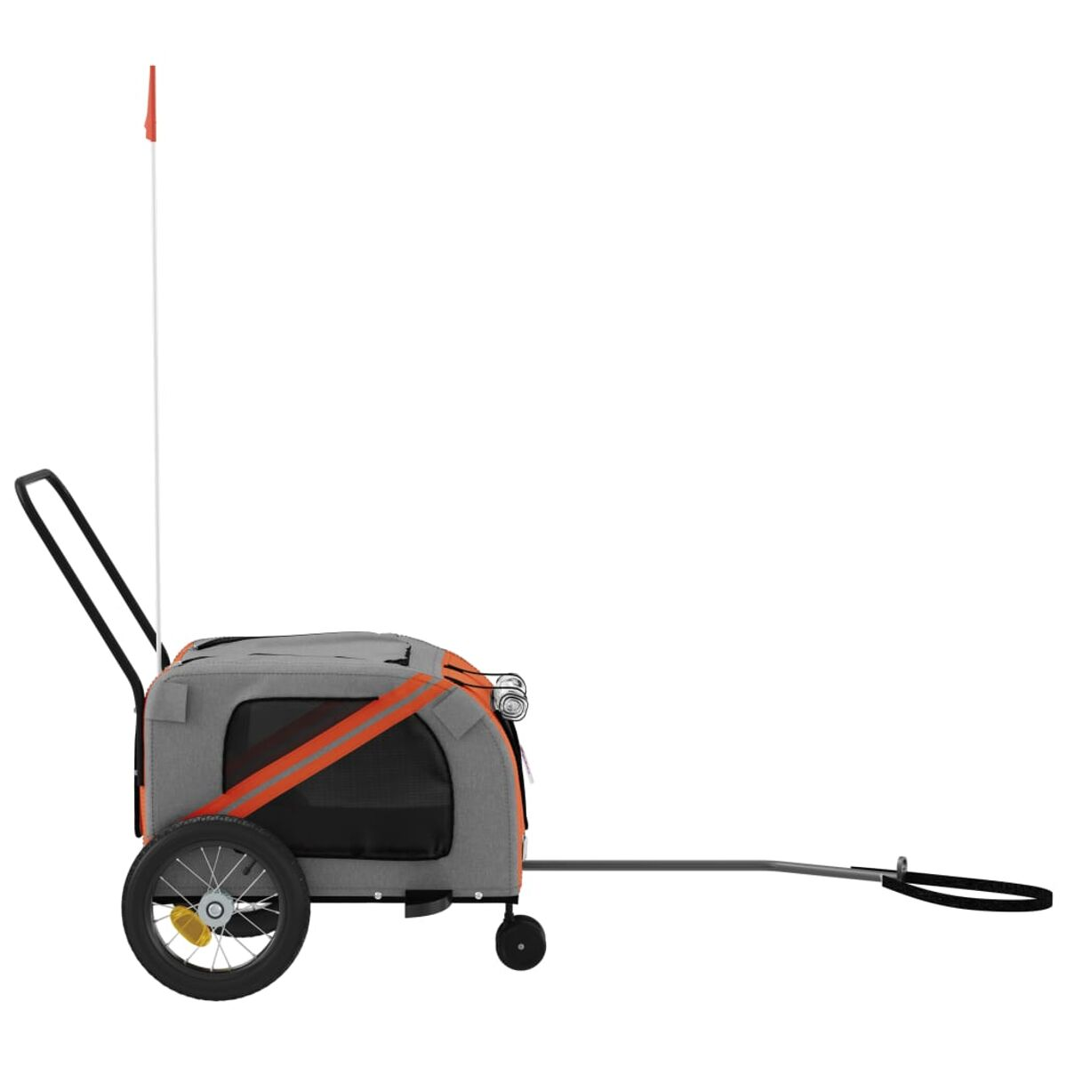 Grauer Hundeanhänger mit orangefarbenen Streifen, einer Fahne und Rädern.