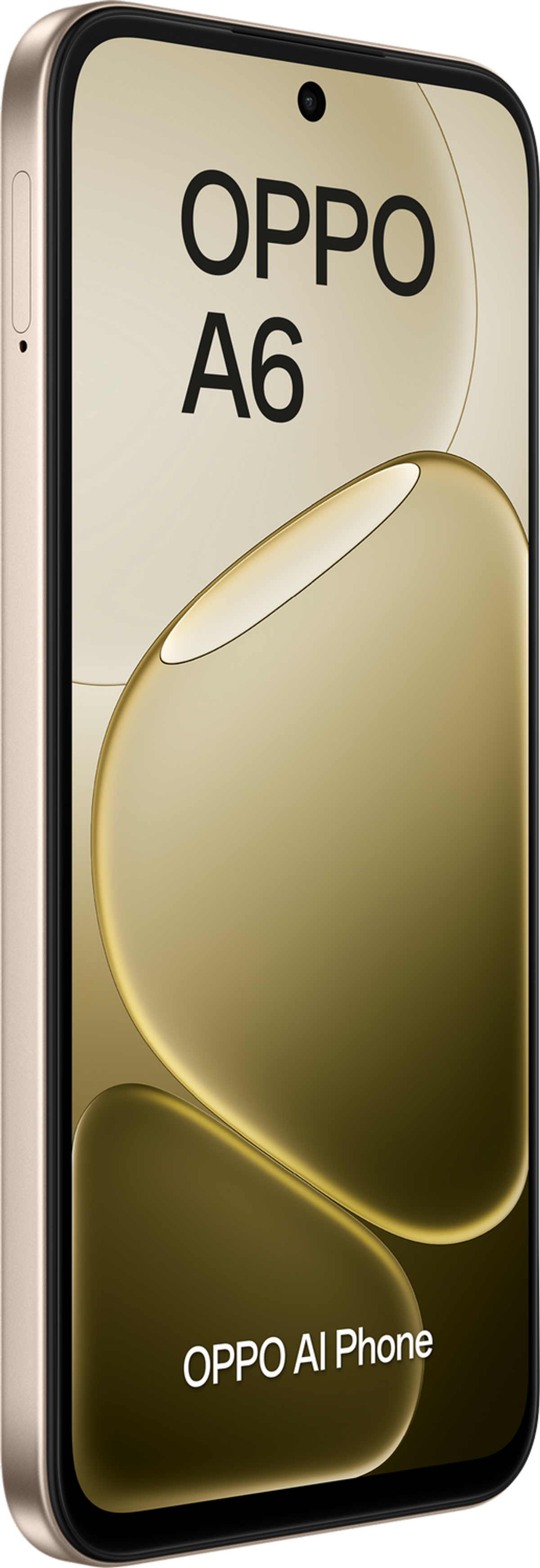 Un telefono OPPO A6 dorato con testo "OPPO AI Phone" sullo schermo.