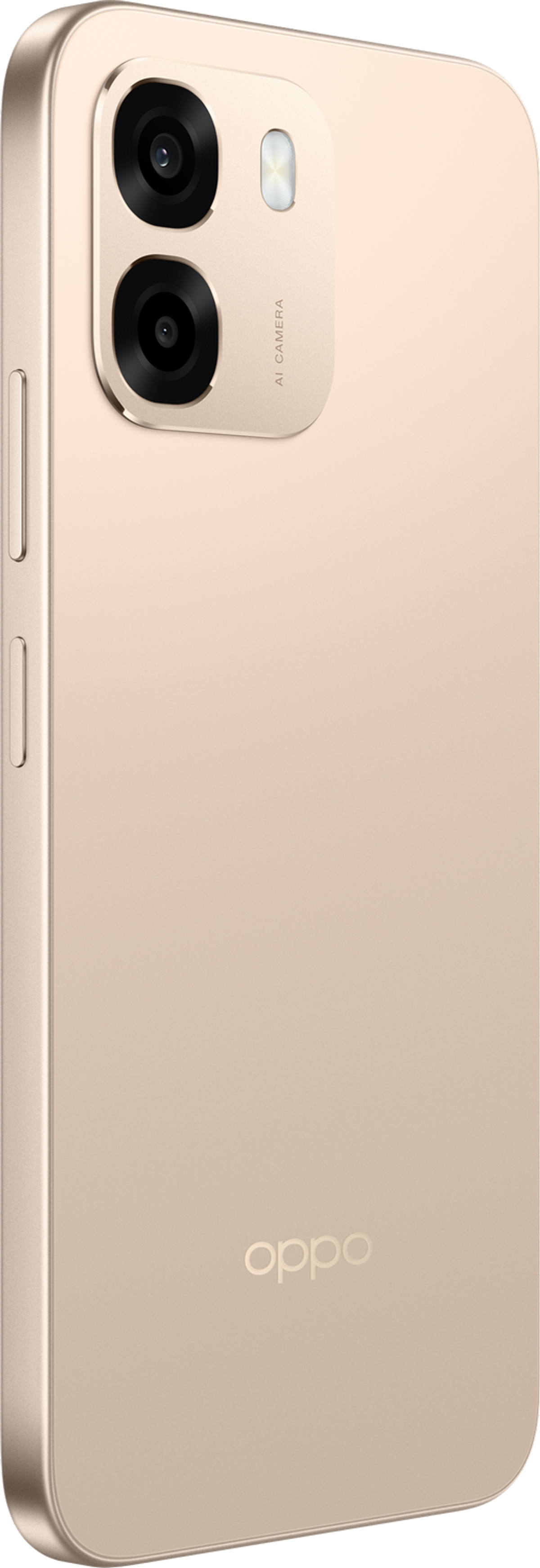 Smartphone OPPO dorato con doppia fotocamera e flash.