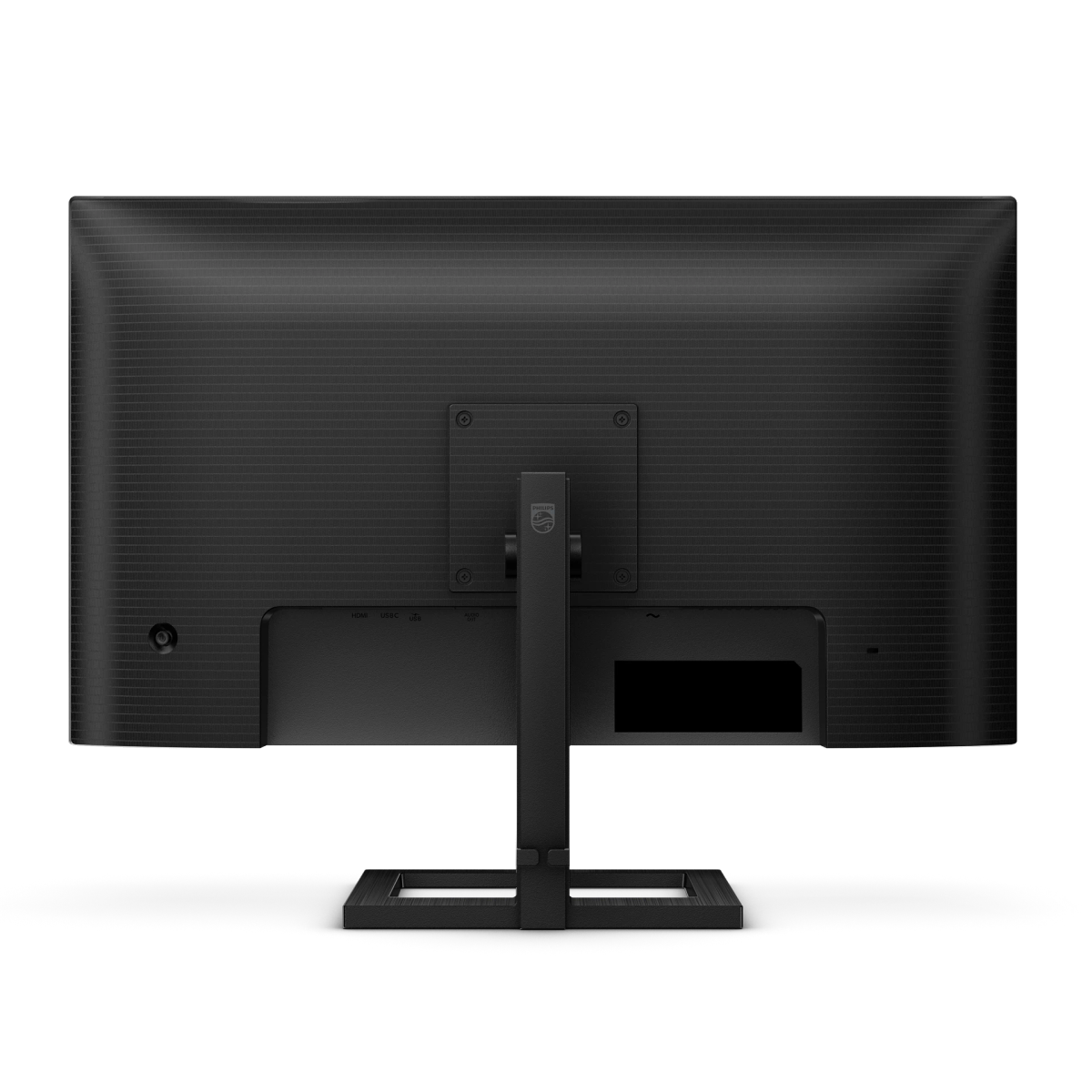 Tył czarnego monitora z portami i podstawką. Widoczne logo Philips.