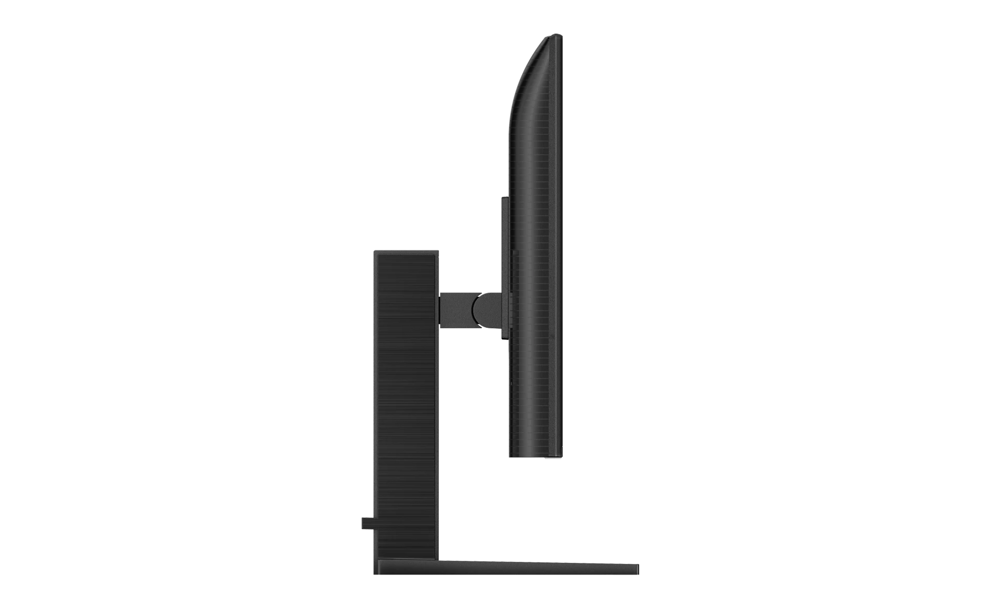 Widok z boku czarnego monitora z wąską ramką na podstawie.
