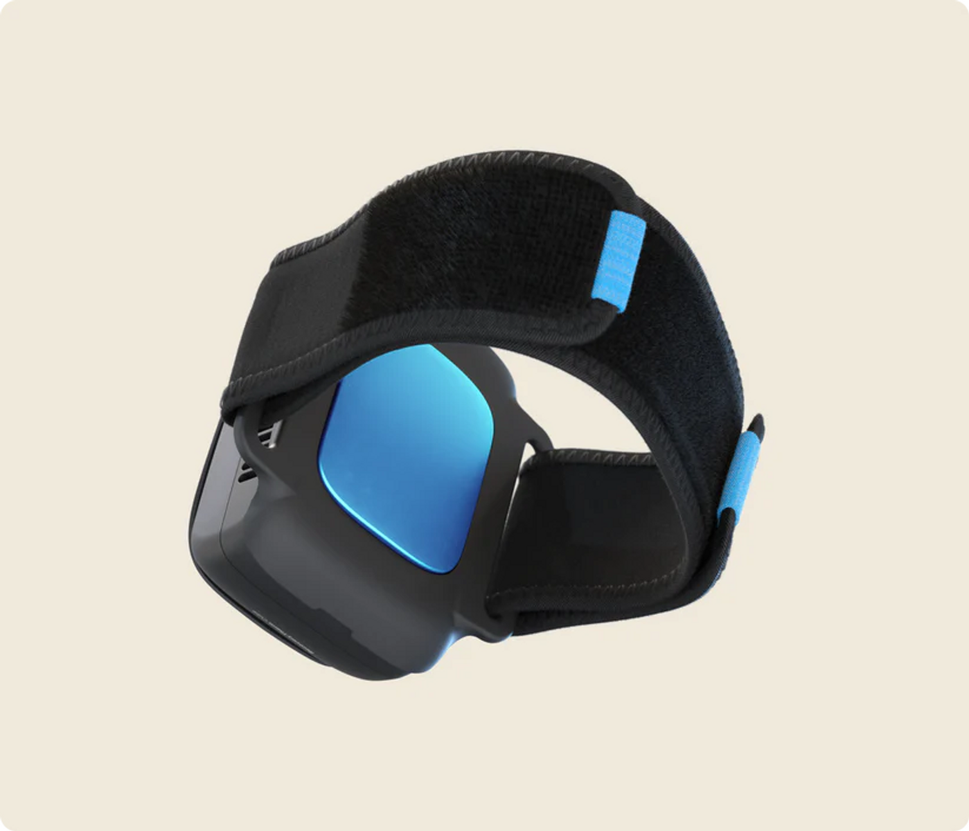 Una diadema negra con detalles azules y una pantalla azul.