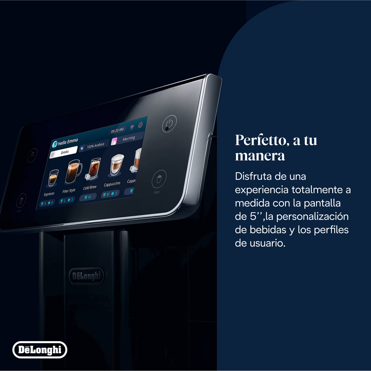 Una moderna macchina da caffè con touchscreen che visualizza varie bevande.