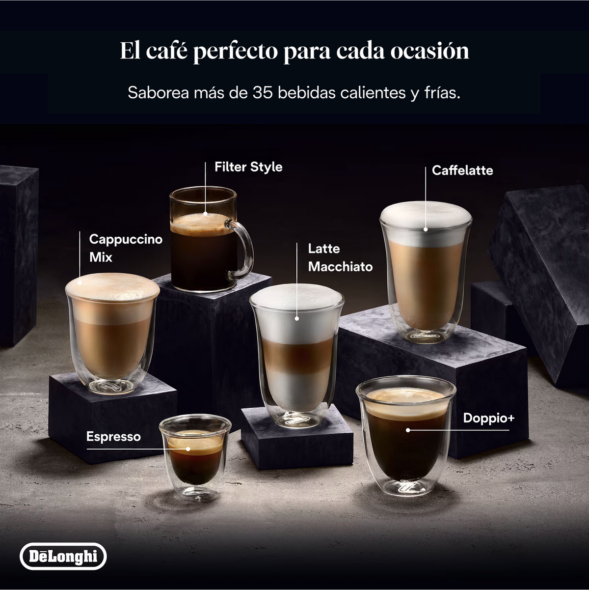 Sei caffè in bicchieri, tra cui Espresso, Cappuccino e Latte Macchiato.