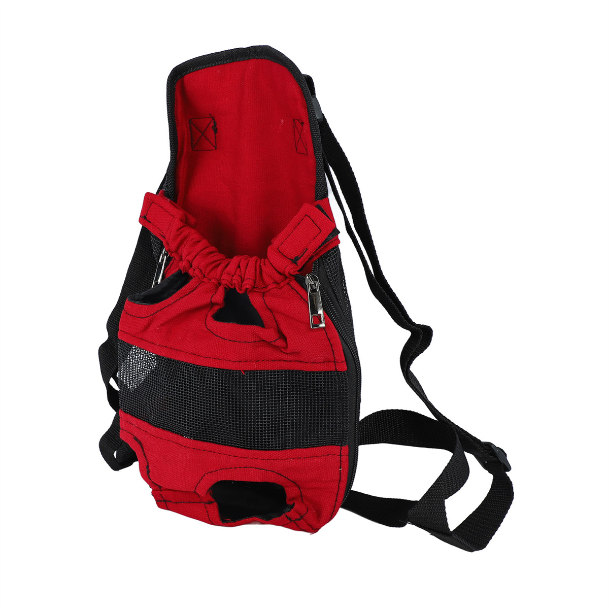 Roter und schwarzer Rucksack für Haustiere mit Netzfenstern und Beinausschnitten.