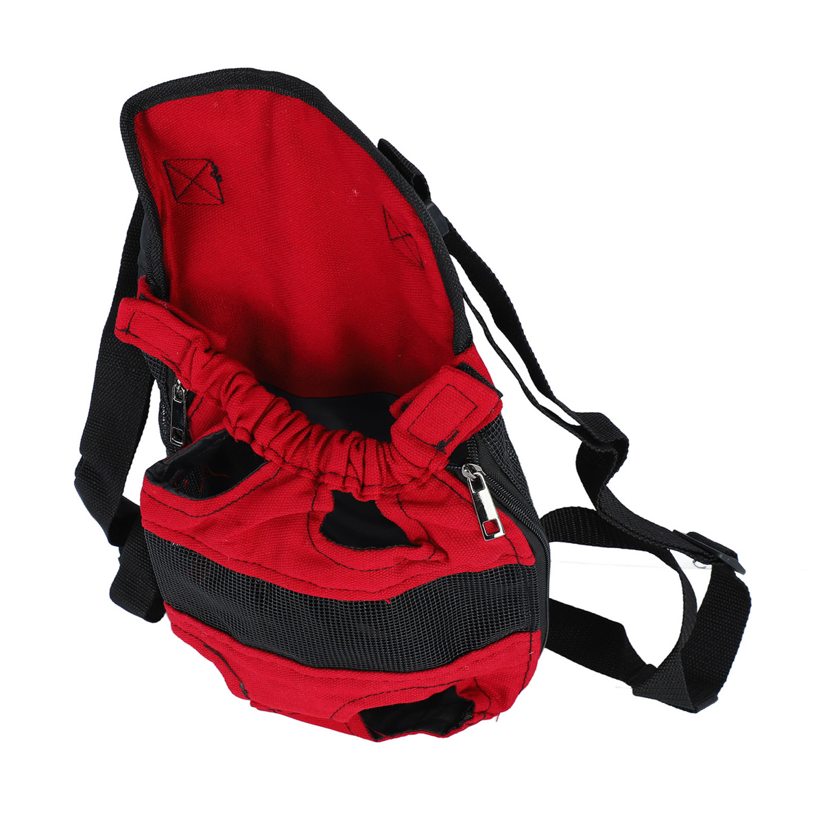 Ein rot-schwarzer Haustierträger-Rucksack ist offen und zeigt einen Kordelzug und Netzeinsätze.
