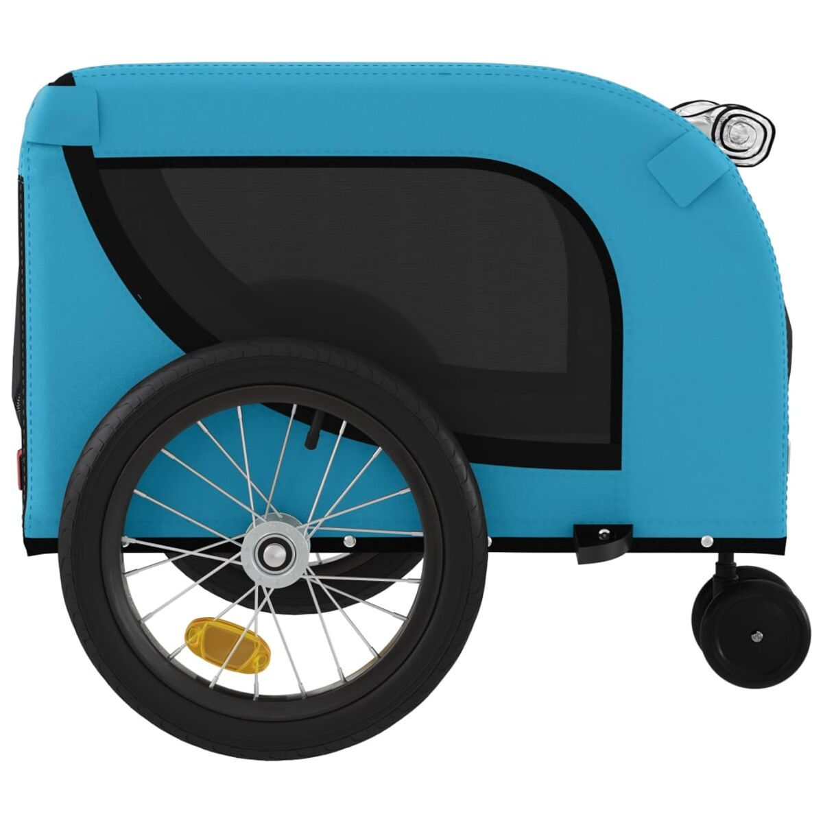 Ein blauer Kinderanhänger mit einem großen Rad und einem kleinen Stützrad.