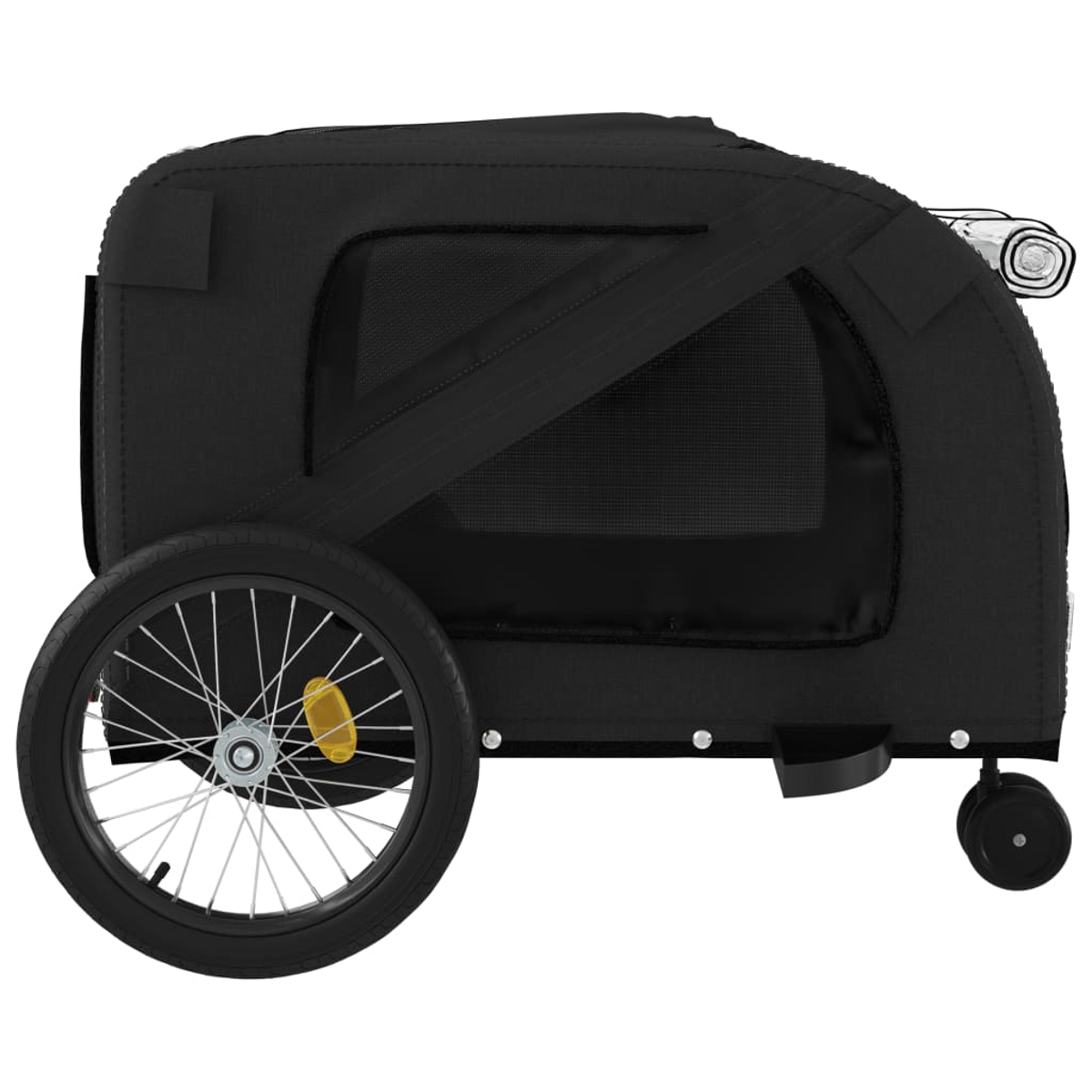 Schwarzer Fahrradanhänger für Haustiere mit einem Rad vorne und einem kleinen Rad hinten.