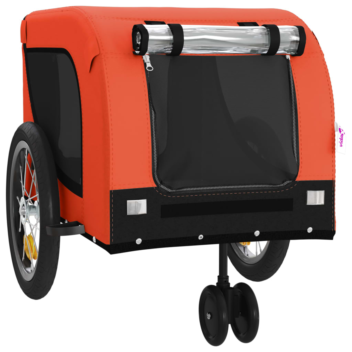 Orangefarbener Kinderwagen mit schwarzen Akzenten, zwei Rädern und einem Vorderrad.