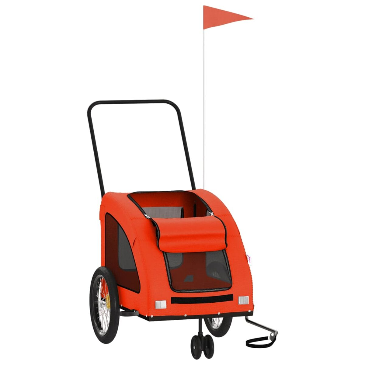 Ein orangefarbener Hundeanhänger mit zwei Rädern und einer Flagge.