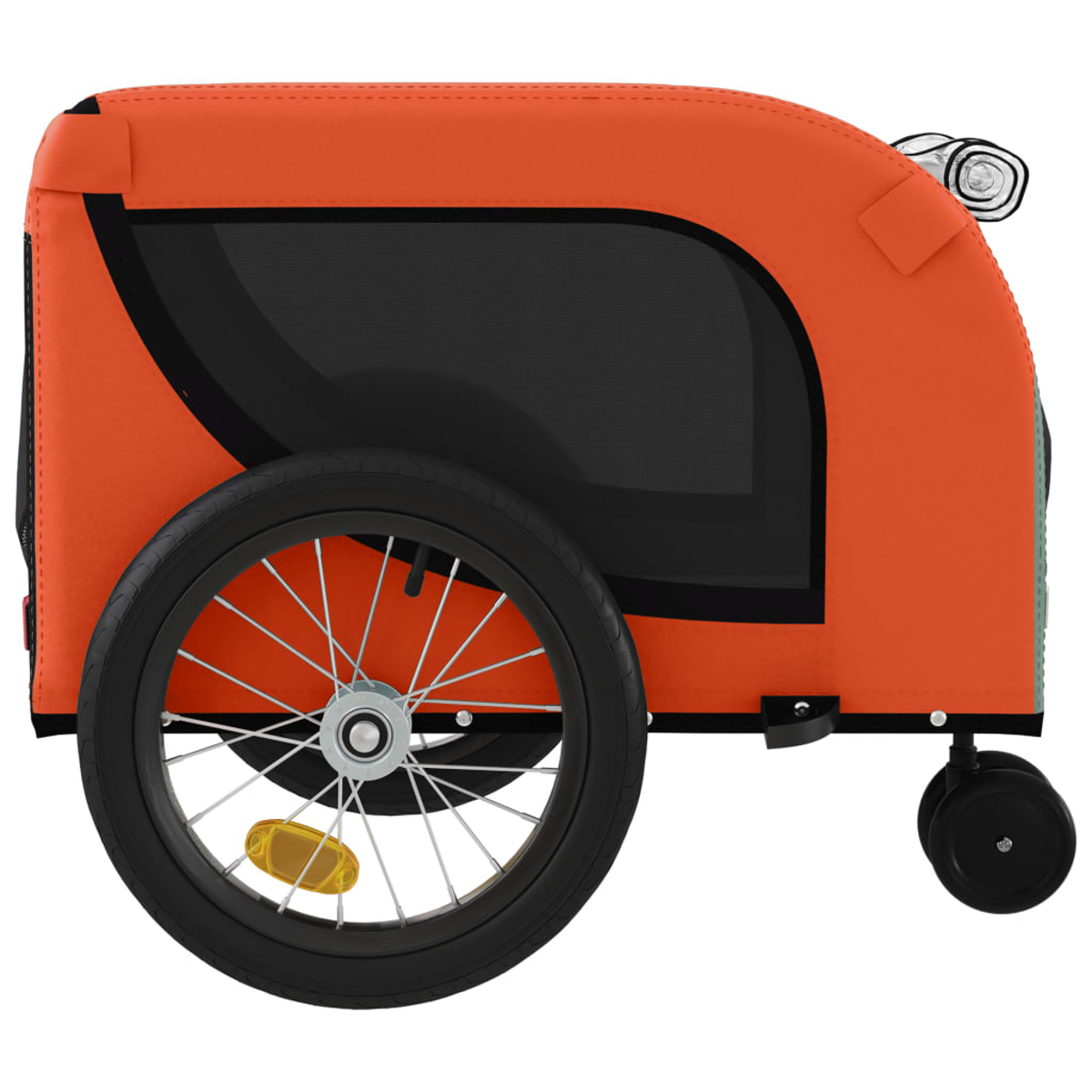Ein orangefarbener Kinderanhänger mit einem großen Rad und einem kleinen Rad.