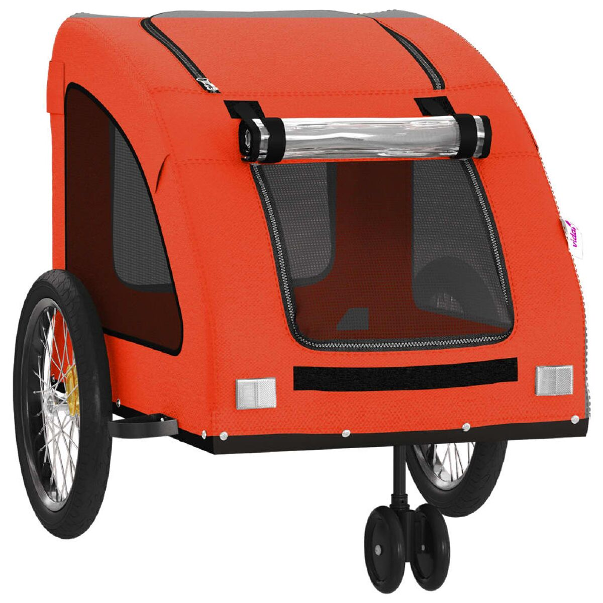 Ein orangefarbener Fahrradanhänger mit Netzfenstern und einem Griff.