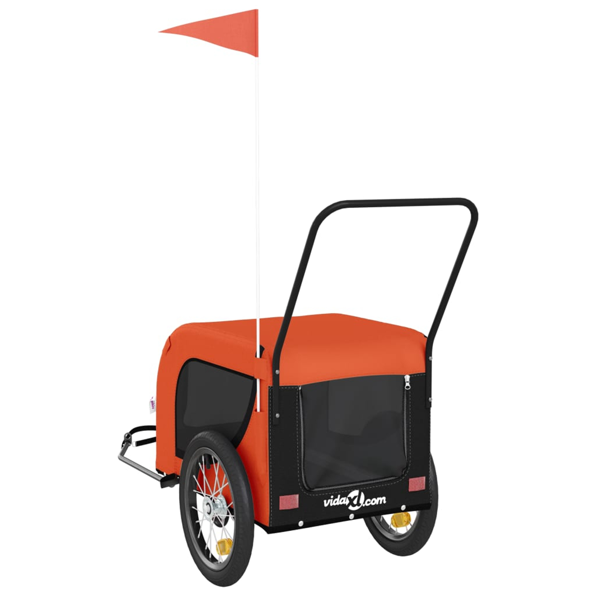 Ein orangefarbener Fahrradanhänger mit schwarzem Rahmen, Rädern und Netzfenstern.
