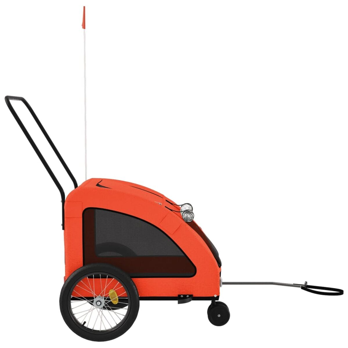 Ein orangefarbener Fahrradanhänger für Haustiere mit Netzfenstern, Reflektoren und einer Fahne.