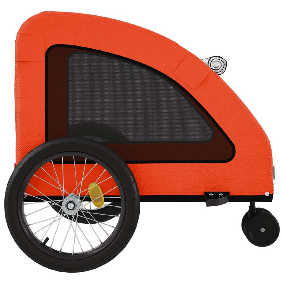 Orange Kinderanhänger mit schwarzem Netzfenster und Speichenrad.