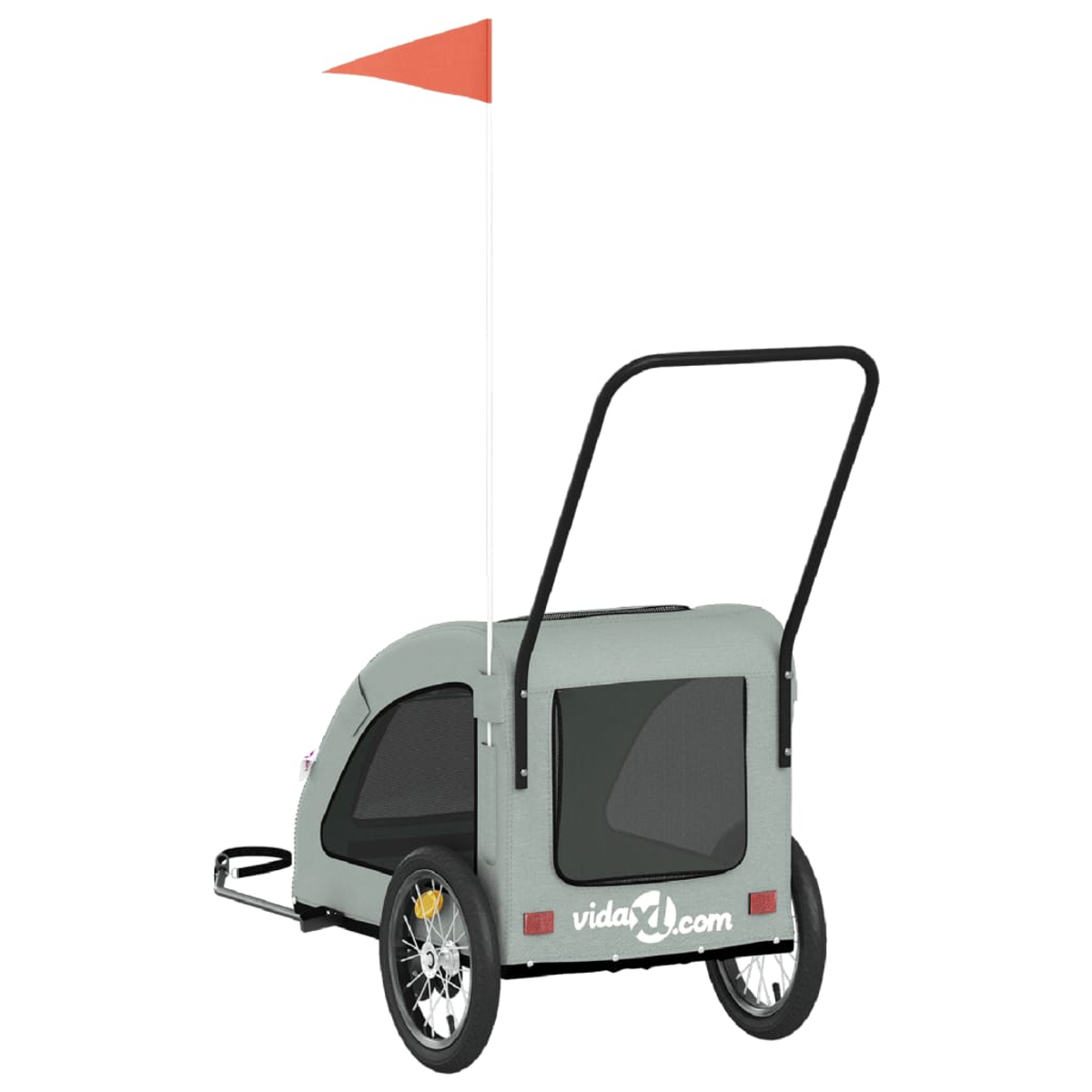 Grauer Fahrradanhänger mit zwei Rädern, Griff und orangefarbener Fahne.