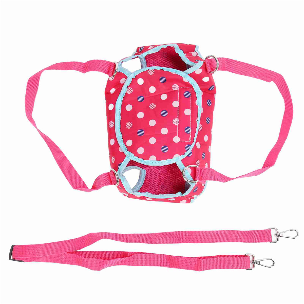 Eine rosafarbene Tasche mit weißen Punkten und blauen Akzenten, mit Trägern.