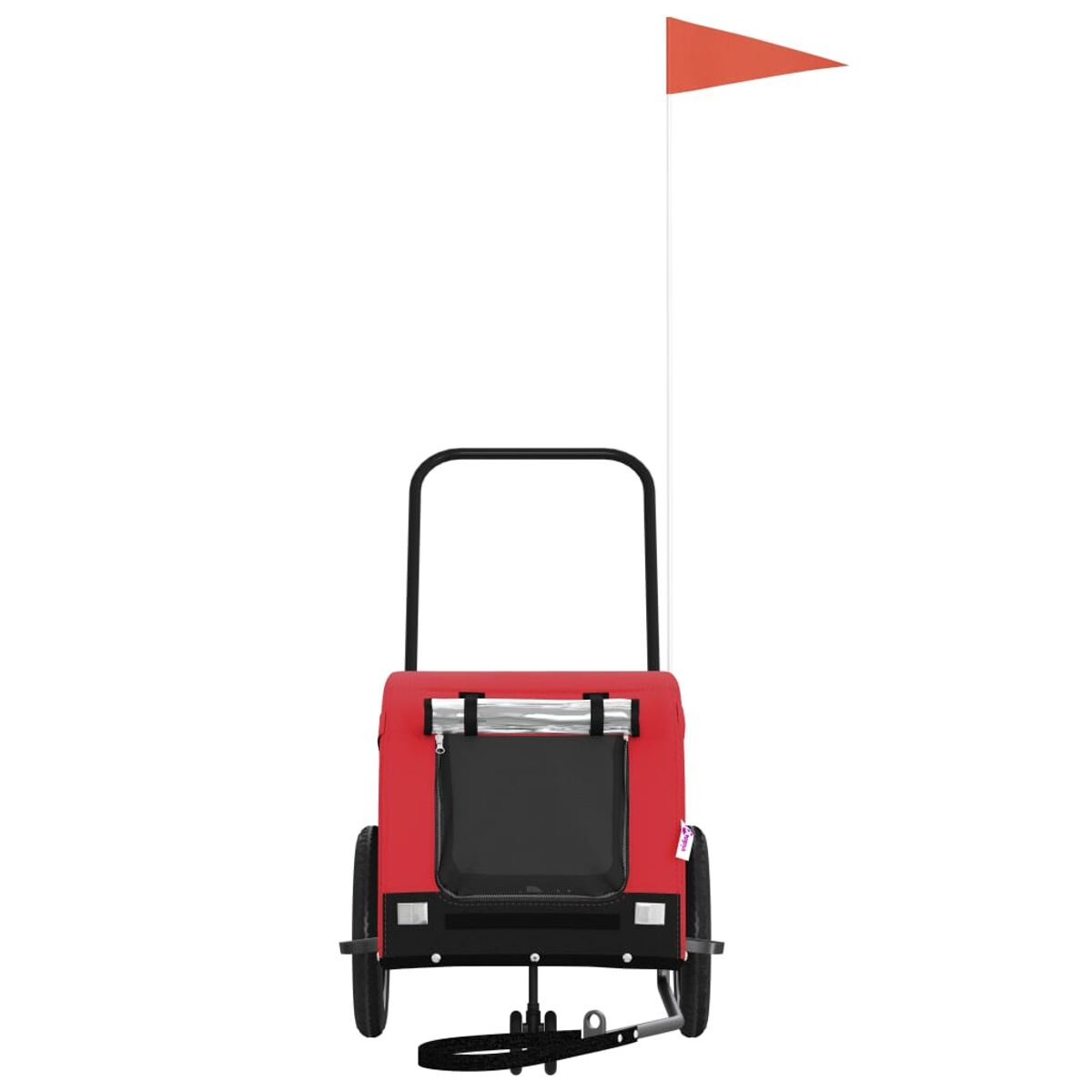 Ein roter Anhänger mit einem schwarzen Griff und zwei Rädern. Eine orangefarbene Fahne auf einem Mast.