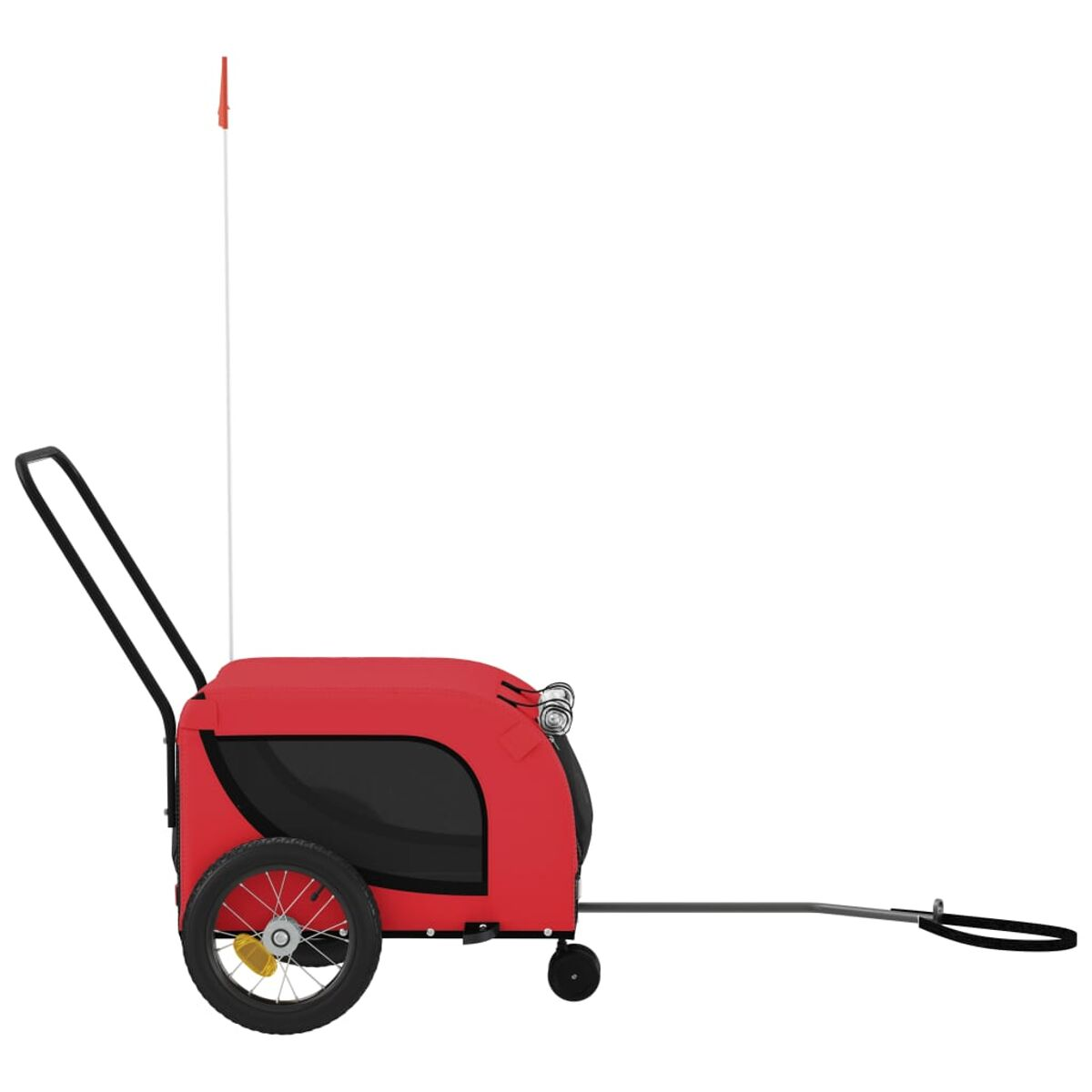 Roter Hundewagen mit schwarzen Rädern und Griff, mit Fahne.