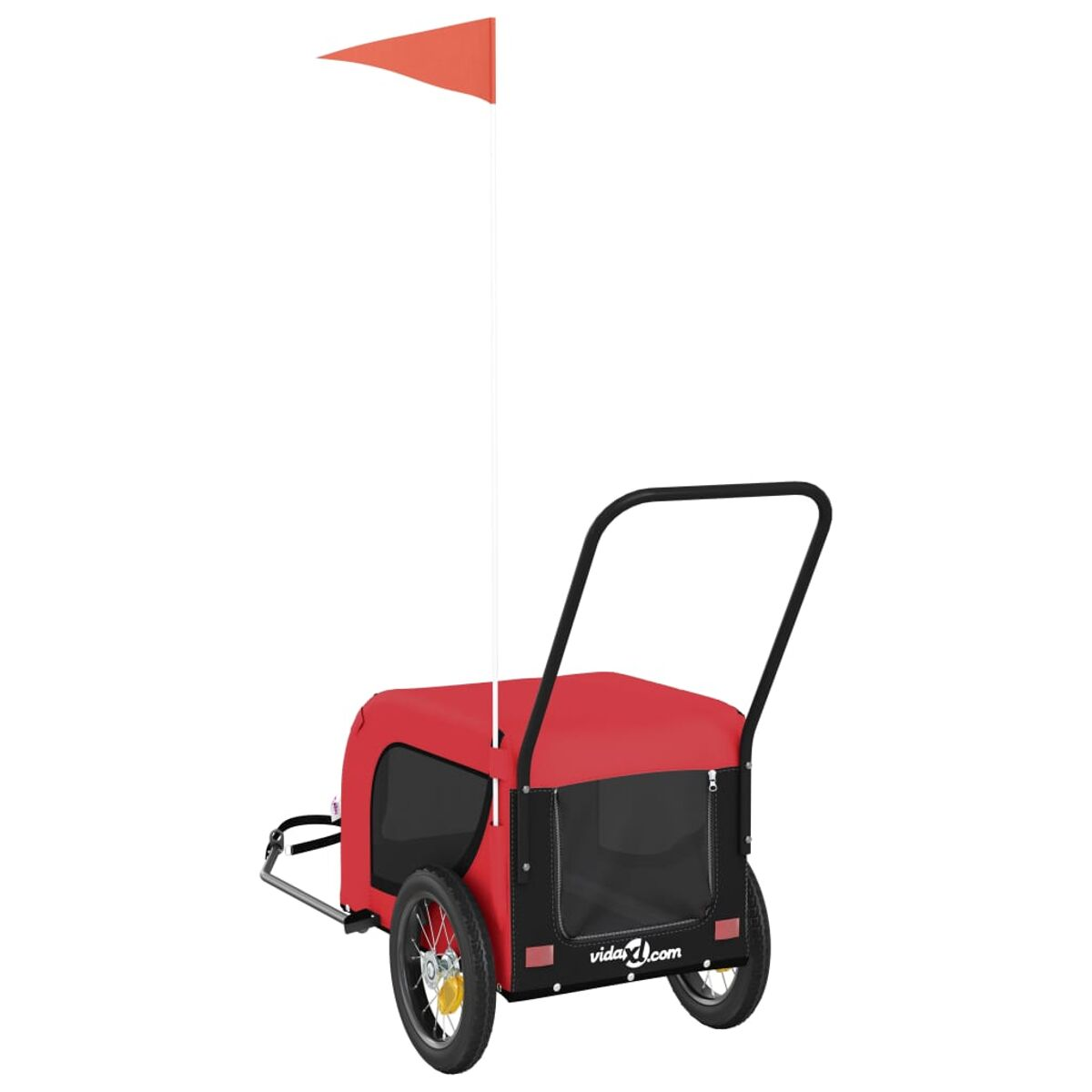 Roter Anhänger mit zwei Rädern, Griff und orangefarbener Fahne.