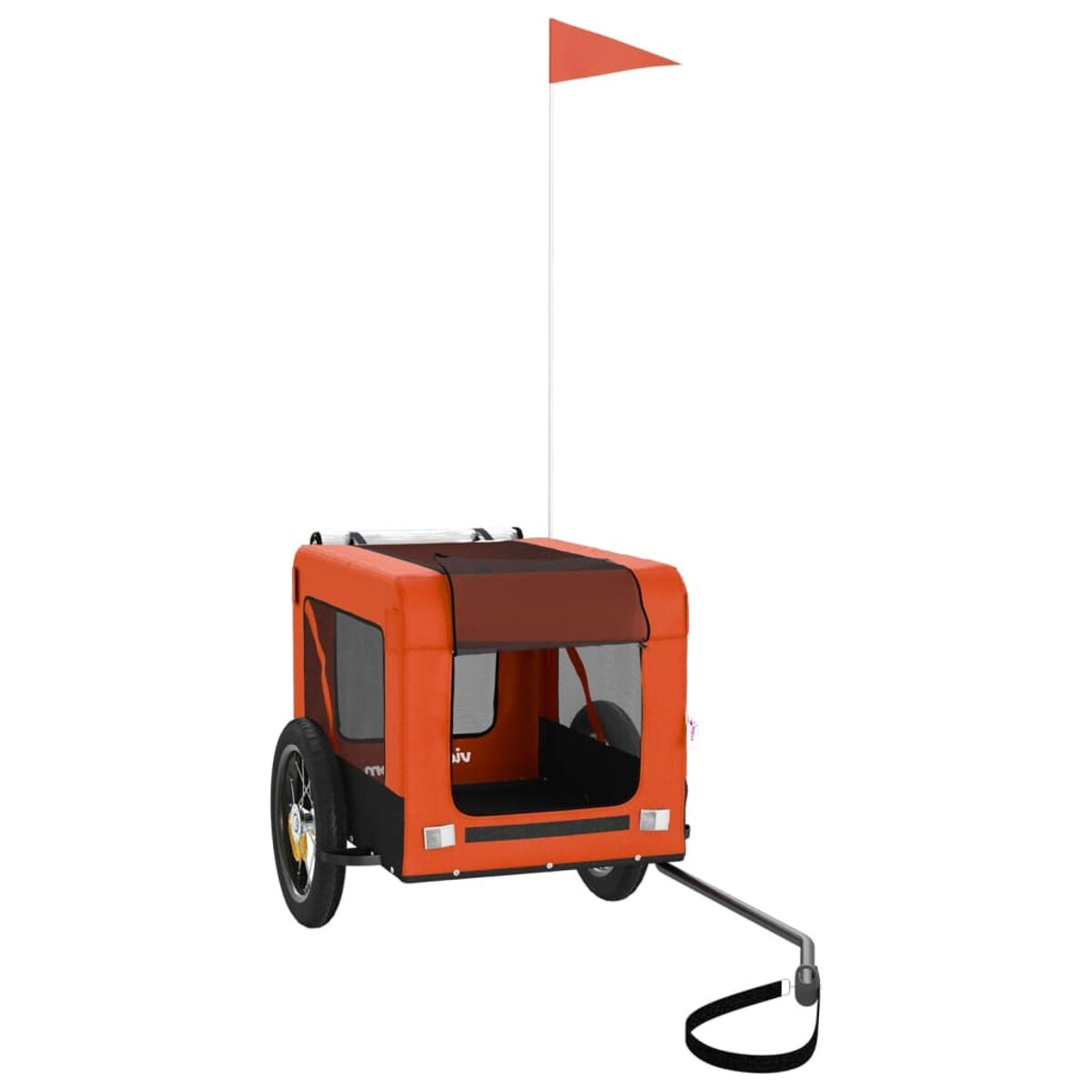 Ein orangefarbener Fahrradanhänger mit roter Fahne. Er hat Fenster und zwei Räder.