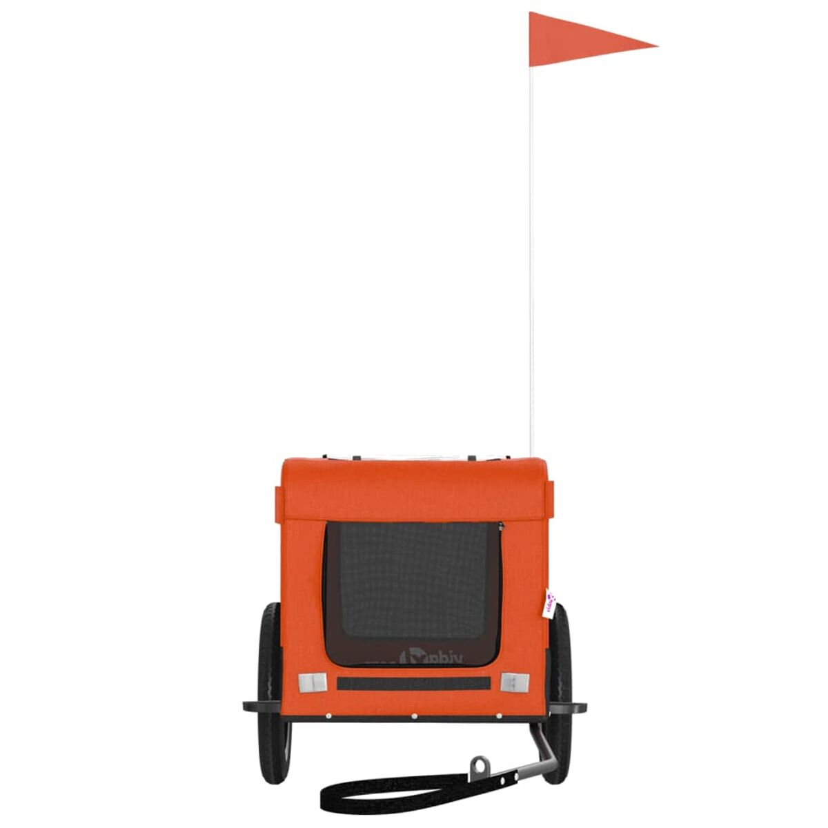 Ein orangefarner Fahrradanhänger mit Netzfenster und roter Fahne.