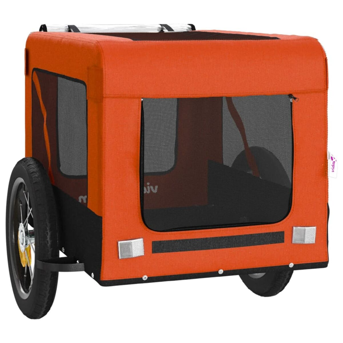 Ein orangefarbener Kinderwagen mit Netzeinsätzen und Rädern.