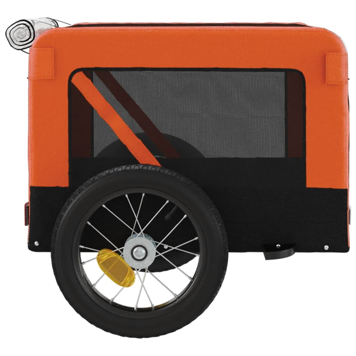 Ein orangefarbener Kinderwagenanhänger mit schwarzem Stoff und einem Rad.
